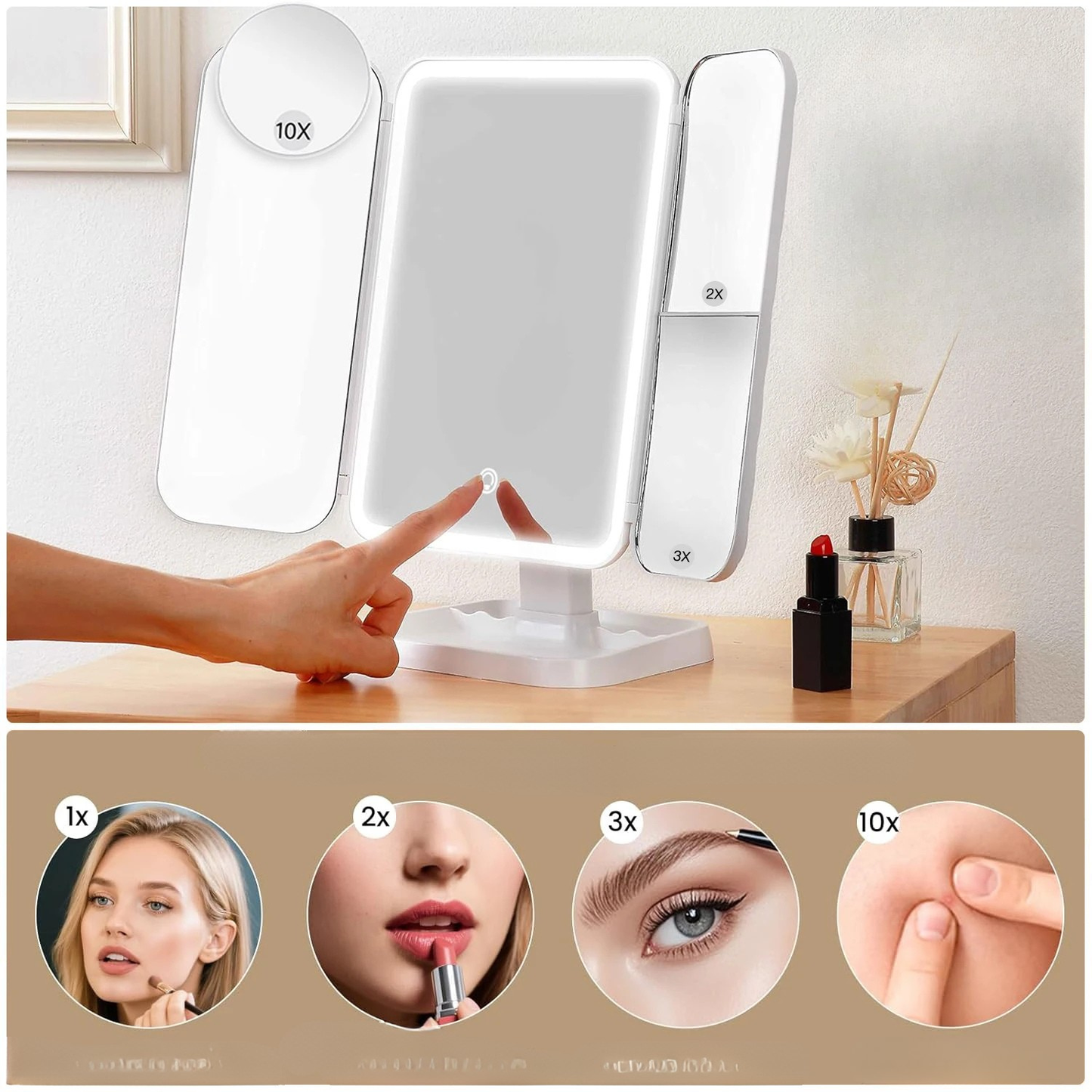 Espejo de Maquillaje Tríptico Profesional con iluminación LED Inteligente